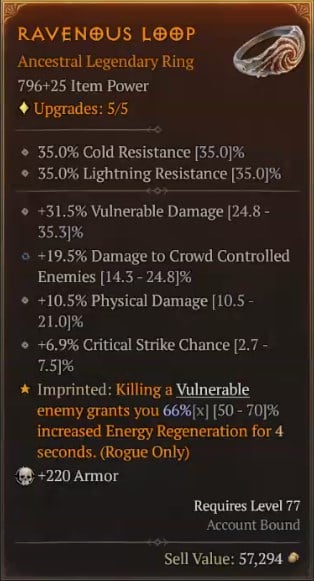 Diablo 4 Death Dealer Rogue Build - Ravenous Loop for Increased Energy Regeneration When Killing a Vulnerable Enemy