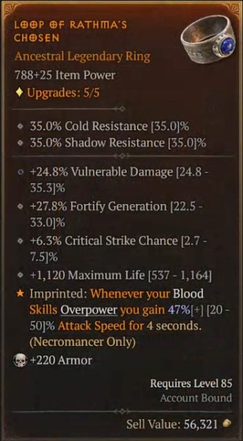 Diablo 4 Fate Lancer Necromancer Build - Loop of Rathma's Chosen to Gain Attack Speed when Blood Skills Overpower