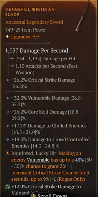 Diablo 4 Marksman Rogue Build - Vengeful Obsidian Blade to Grant Increased Critical Strike Chance Against Vulnerable Enemies