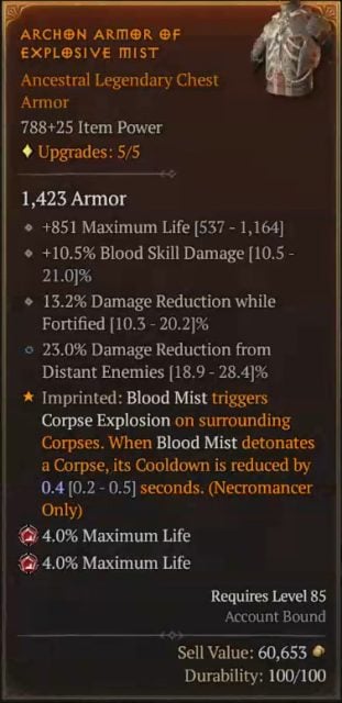 Diablo 4 Necromancer Build - Fate Lancer with the Archon Armor of Explosive Mist for Blood Mist to Trigger Corpse Explosion