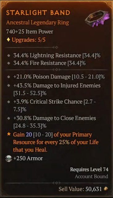 Diablo 4 Perfected Cyclone Rogue Build - Starlight Band to Gain Primary Resource for Every 25% of Your Life You Heal