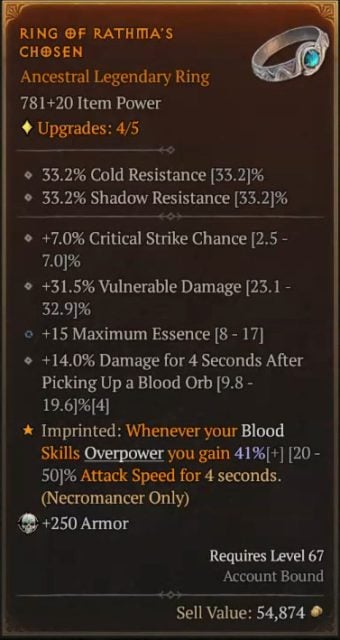 Diablo 4 - Ring of Rathma's Chosen to Gain Increased Attack Speed When Overpowering