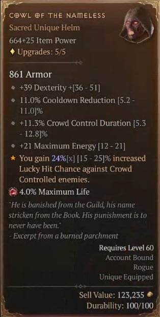 Diablo 4 Rogue Build - Death Dealer with the Cowl of the Nameless to Gain Increased Lucky Hit Chance Against CCed Enemies
