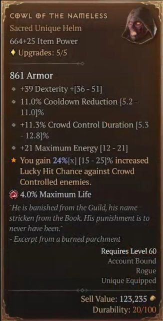 Diablo 4 Rogue Build - Marksman Cowl of the Nameless to Gain Increased Lucky Hit Chance