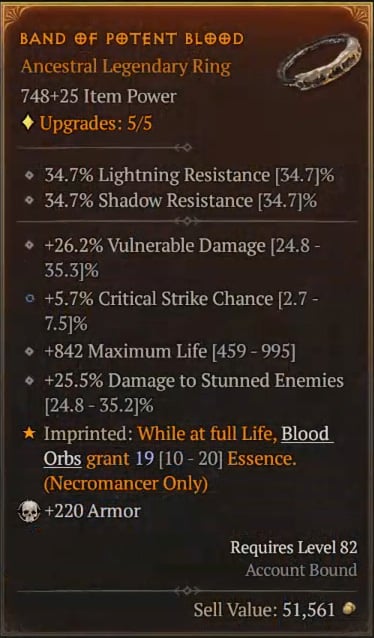 Diablo IV Necromancer Build - Band of Potent Blood for Blood Orbs to Grant Essence