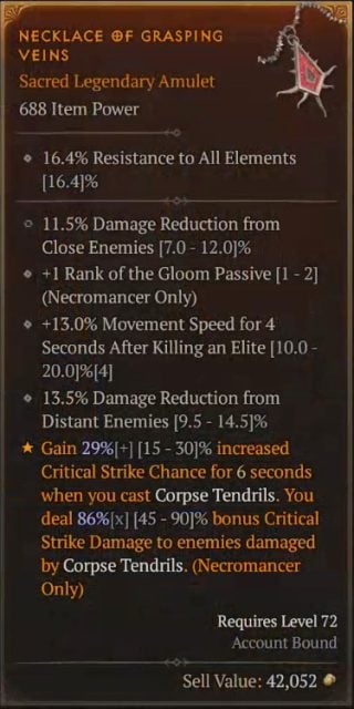 Diablo IV Necromancer Build - Necklace of Grasping Veins to Increase Critical Strike Chance of Corpse Tendrils