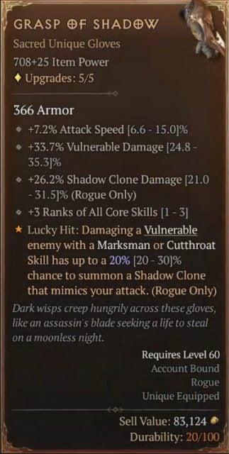 Diablo IV Rogue Build - Marksman with Grasp of Shadow for a Chance to Summon a Shadow Clone