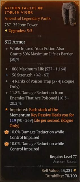 Diablo IV Rogue Build - Perfected Cyclone with Archon Faulds of Stolen Vigor for Healing with Each Stack of Momentum Key Passive