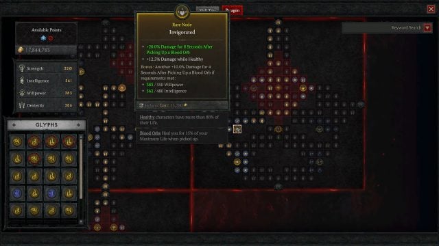 Invigorated Rare Node for the Diablo IV Necro Build to Deal Increased Damage After Picking Up a Blood Orb